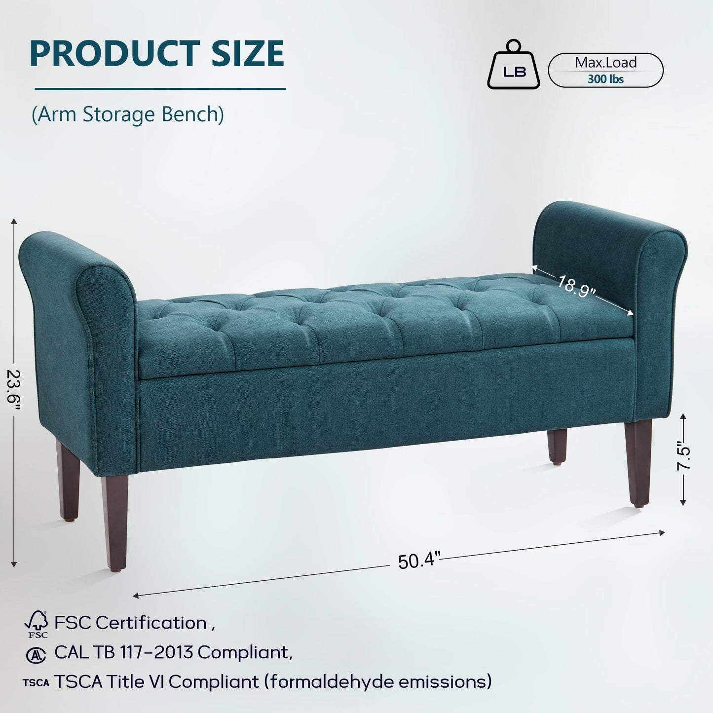 Banc de rangement rembourré avec accoudoirs et dossier capitonné rabattable, 128 cm (50,4 pouces).