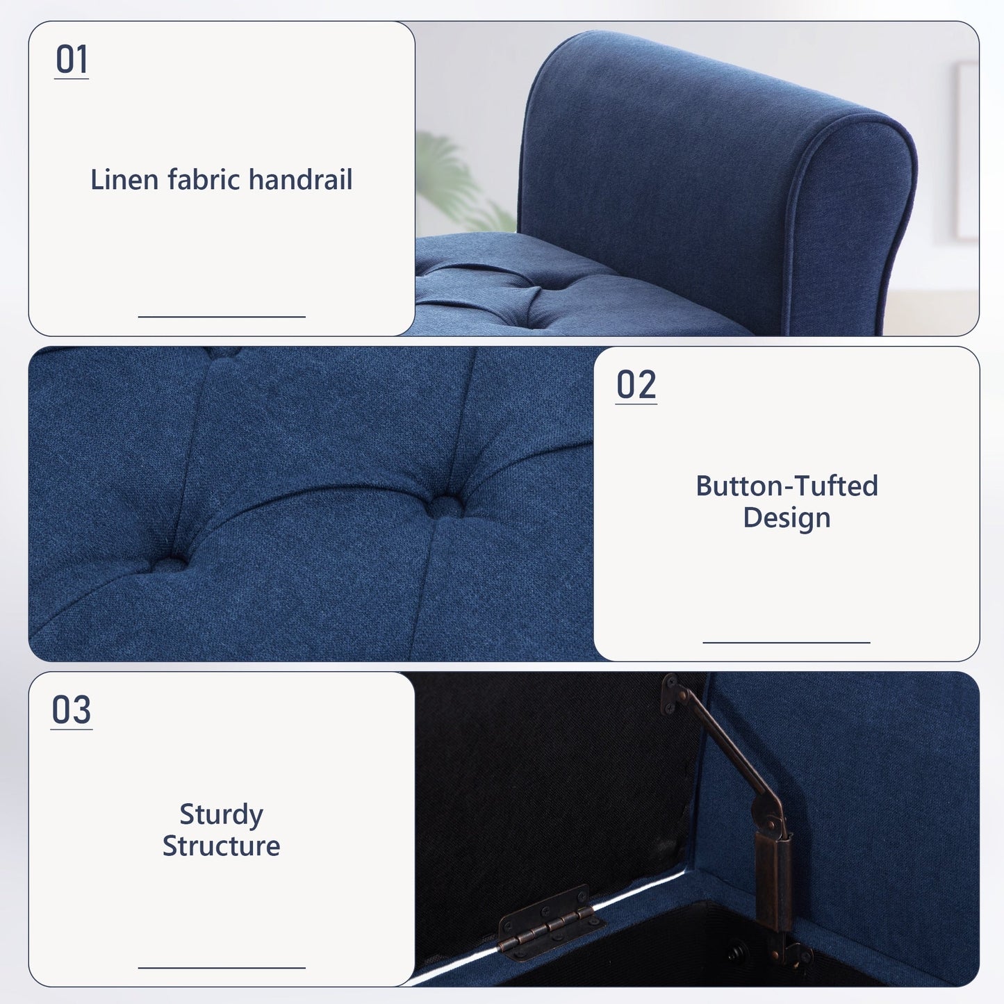 Banc de rangement rembourré avec accoudoirs et dossier capitonné rabattable, 128 cm (50,4 pouces).