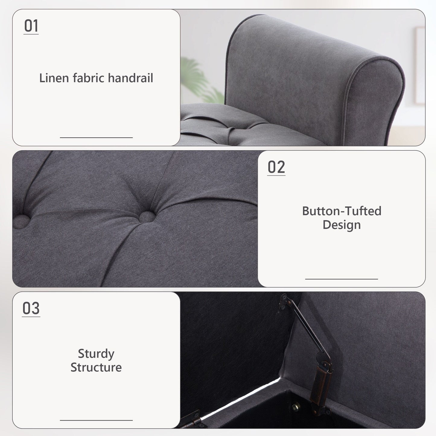 Banc de rangement rembourré avec accoudoirs et dossier capitonné rabattable, 128 cm (50,4 pouces).