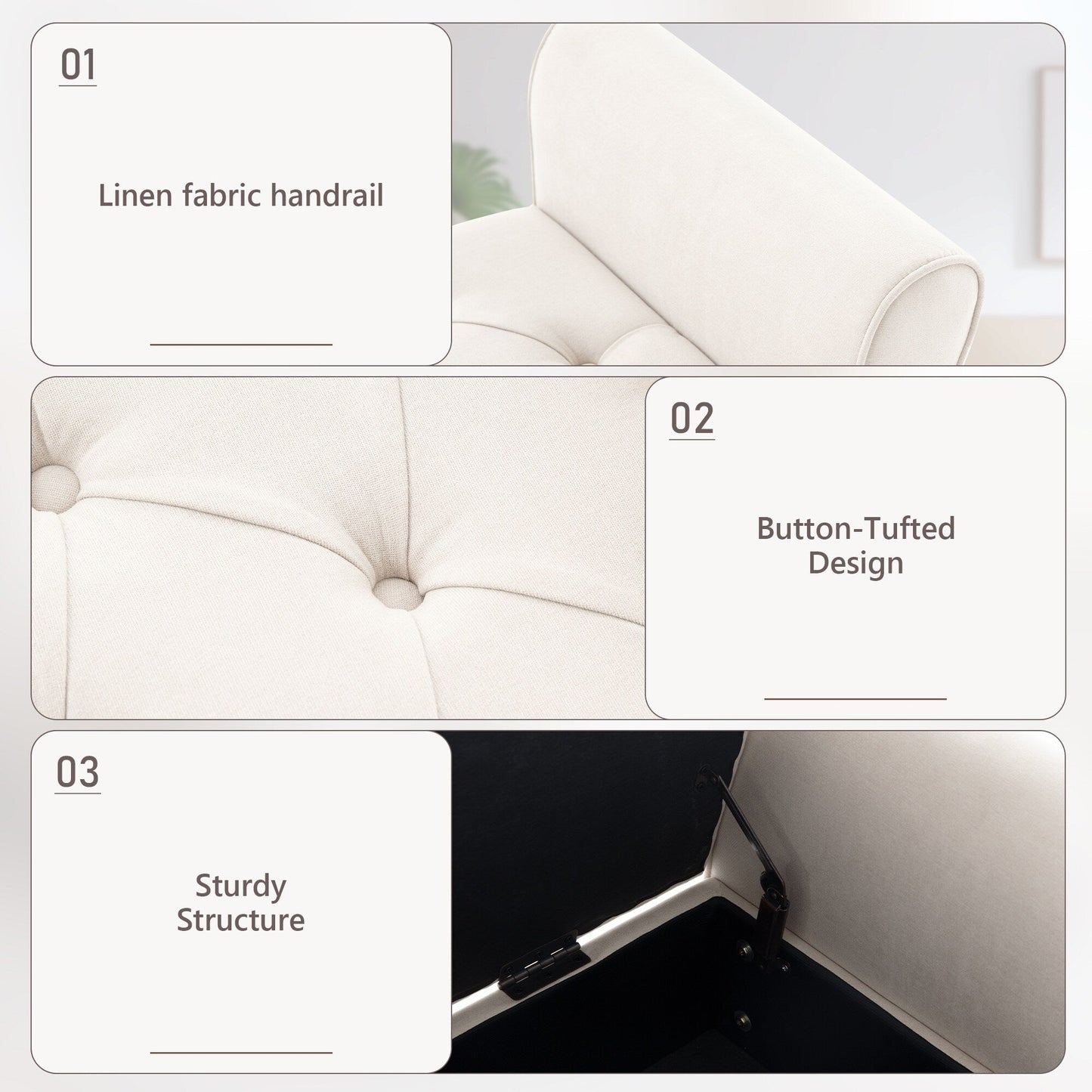 Banc de rangement rembourré avec accoudoirs et dossier capitonné rabattable, 128 cm (50,4 pouces).