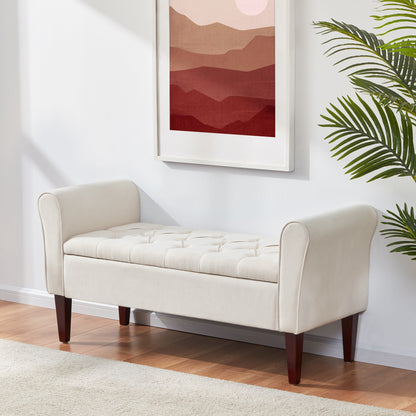 Banc de rangement rembourré avec accoudoirs et dossier capitonné rabattable, 128 cm (50,4 pouces).