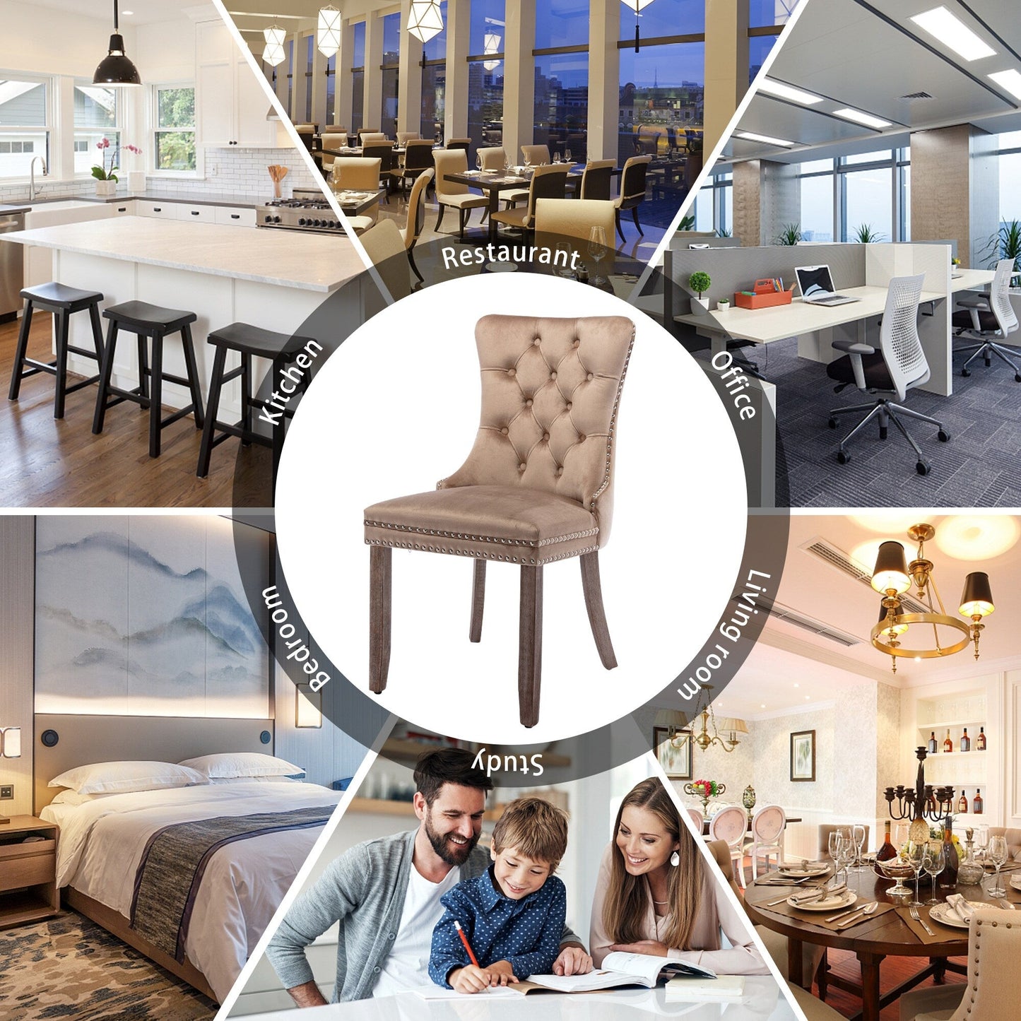 Ensemble de 6 chaises de salle à manger capitonnées en velours avec pieds en bois massif