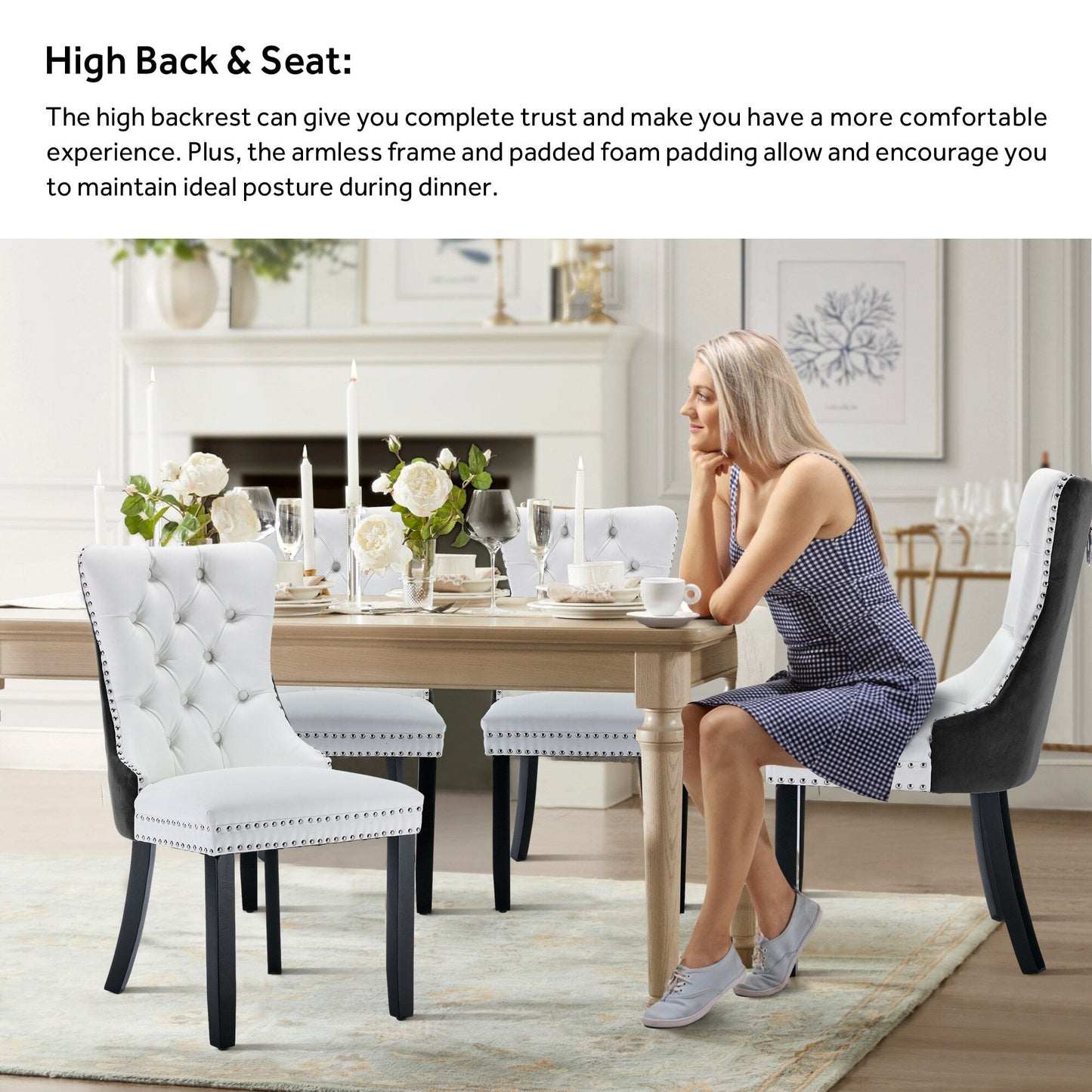 Ensemble de 6 chaises de salle à manger capitonnées en velours avec pieds en bois massif