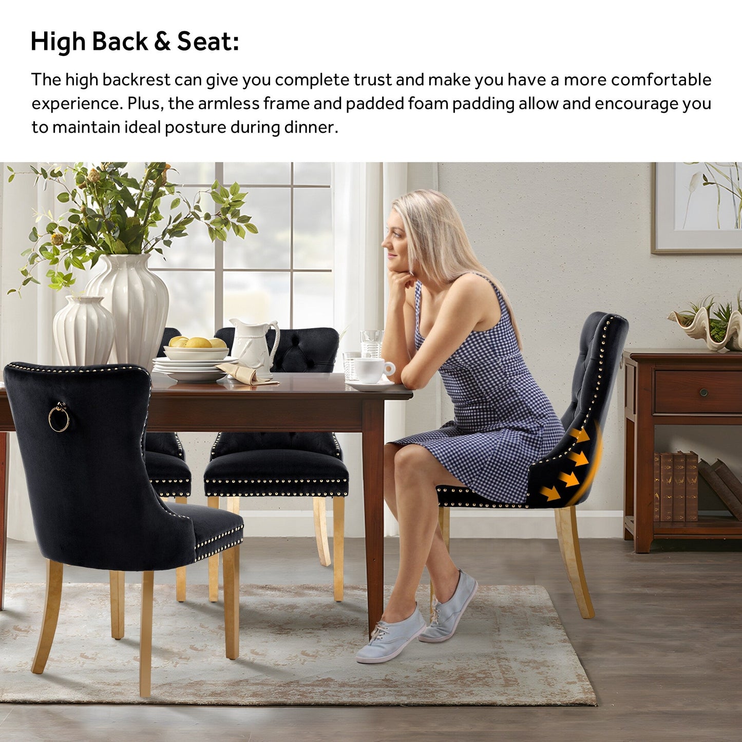 Ensemble de 6 chaises de salle à manger capitonnées en velours avec pieds en bois massif