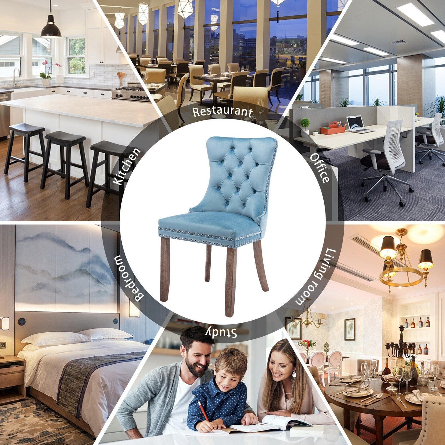 Ensemble de 6 chaises de salle à manger capitonnées en velours avec pieds en bois massif