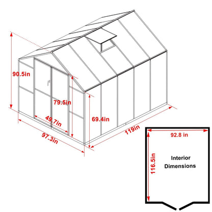 Serre de jardin VEIKOUS en aluminium, gris, avec aération de toit réglable et porte verrouillable.
