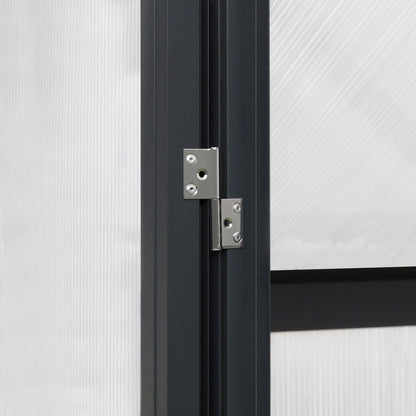 Serre de jardin VEIKOUS en aluminium, gris, avec aération de toit réglable et porte verrouillable.