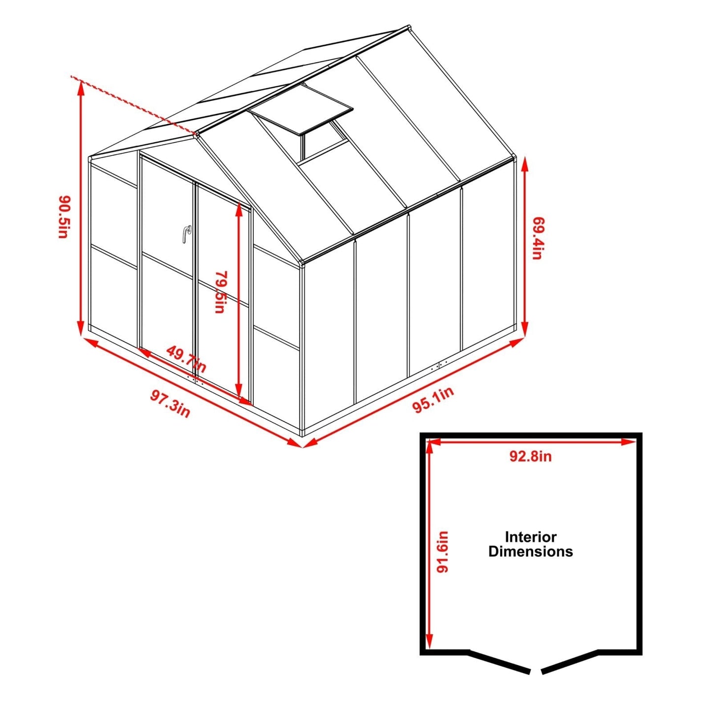 Serre de jardin VEIKOUS en aluminium, gris, avec aération de toit réglable et porte verrouillable.