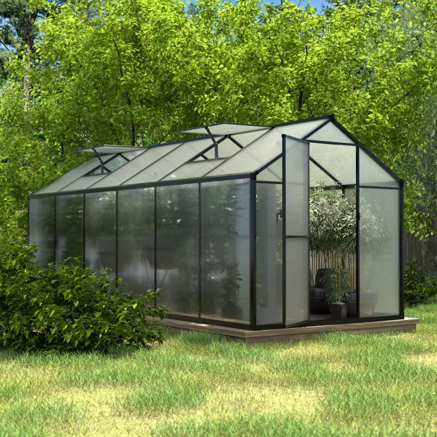 Serre de jardin VEIKOUS en aluminium, gris, avec aération de toit réglable et porte verrouillable.