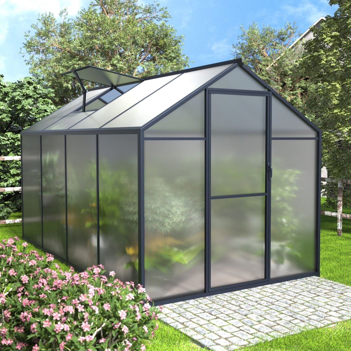 Serre de jardin VEIKOUS en aluminium, gris, avec aération de toit réglable et porte verrouillable.