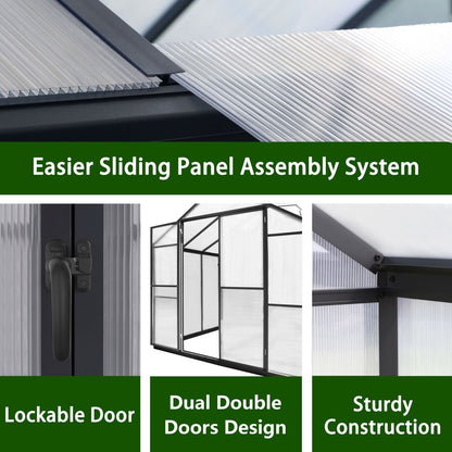 Serre de jardin VEIKOUS en aluminium, gris, avec aération de toit réglable et porte verrouillable.