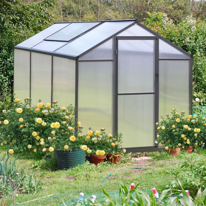 Serre de jardin VEIKOUS en aluminium, gris, avec aération de toit réglable et porte verrouillable.