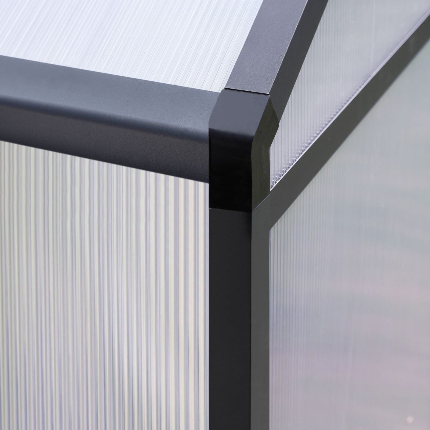 Serre de jardin VEIKOUS en aluminium, gris, avec aération de toit réglable et porte verrouillable.