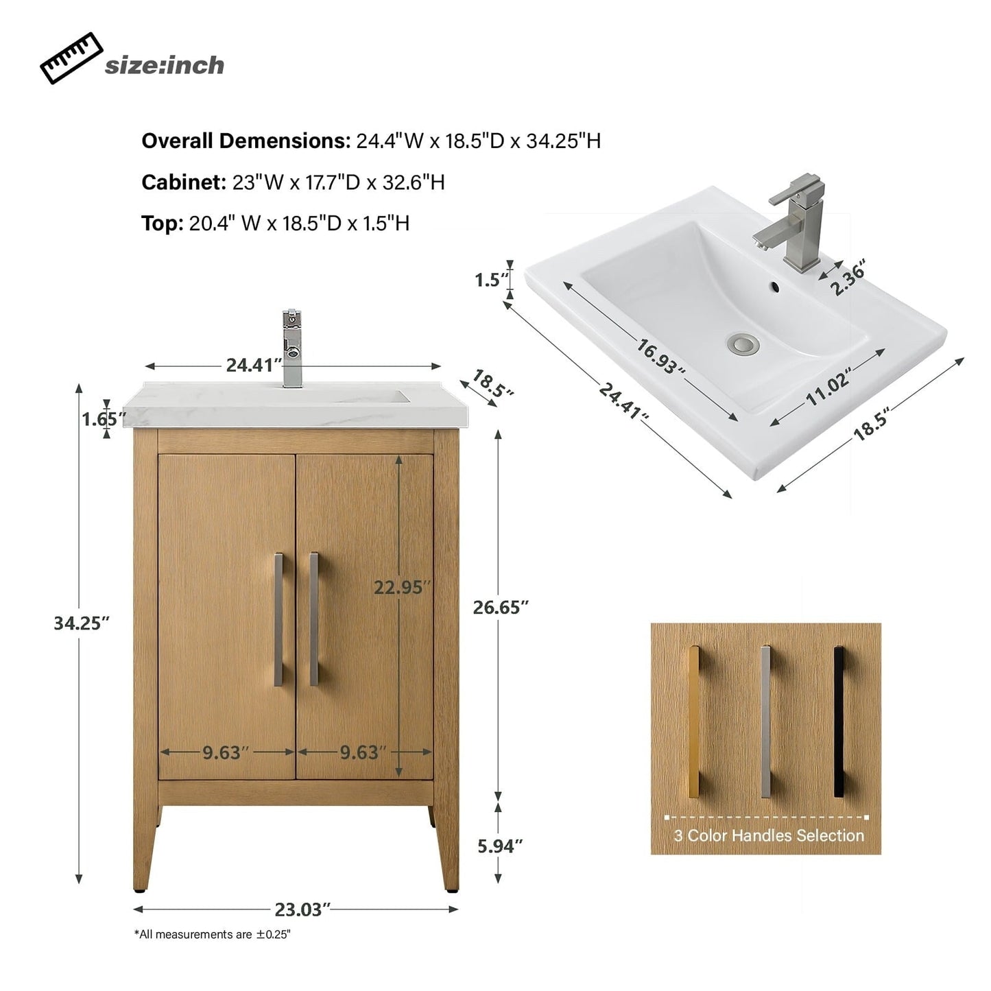 Meuble-lavabo simple vasque Vanity Art 20, 24 ou 30 pouces avec plan de travail en céramique