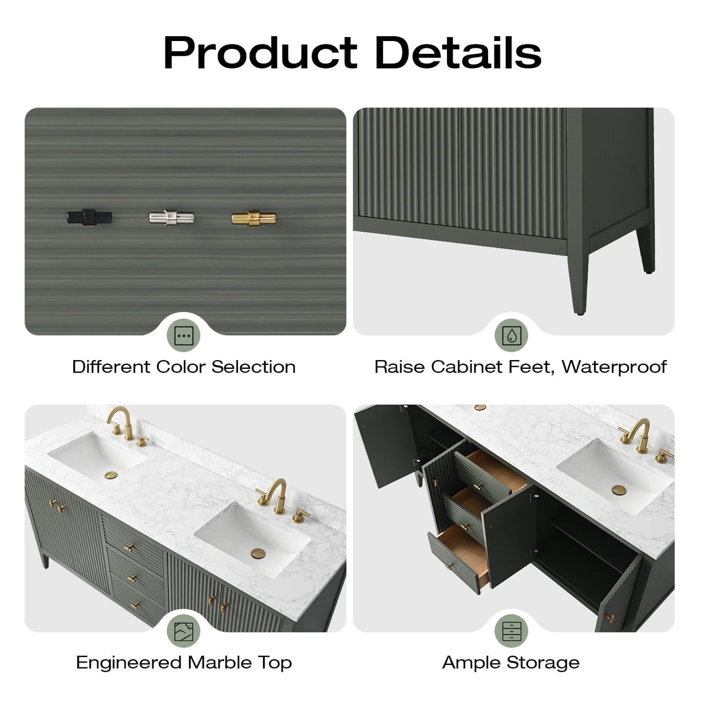 Meuble-lavabo double vasque Vanity Art 72 avec plan de travail en marbre reconstitué