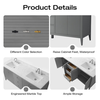 Meuble-lavabo double vasque Vanity Art 72 avec plan de travail en marbre reconstitué