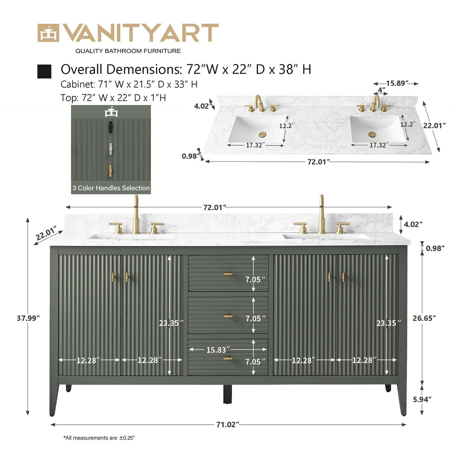 Meuble-lavabo double vasque Vanity Art 72 avec plan de travail en marbre reconstitué