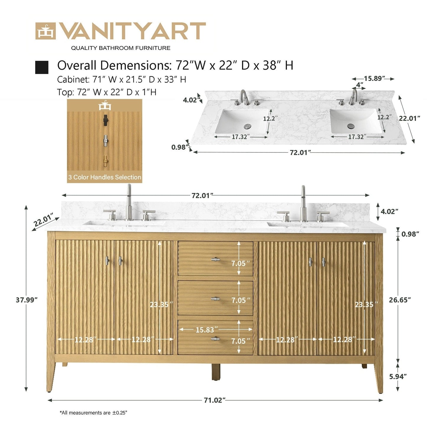 Meuble-lavabo double vasque Vanity Art 72 avec plan de travail en marbre reconstitué