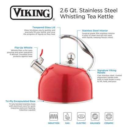 Bouilloire Viking 2,6 litres en acier inoxydable rouge avec sifflet et fond triple épaisseur