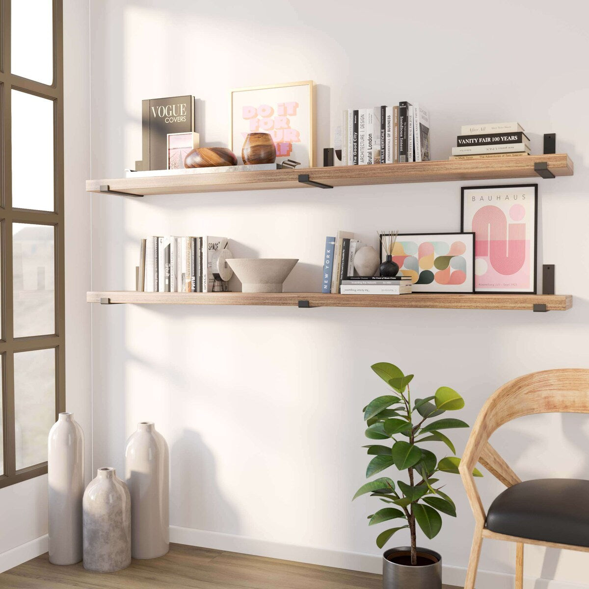 Étagères flottantes Wallniture Forte 72 po, lot de 2, bois brûlé