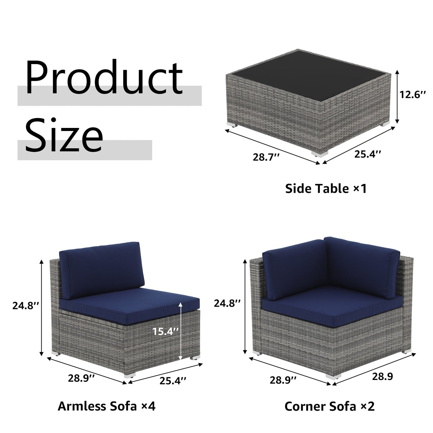 Ensemble de canapés d'angle d'extérieur 7 pièces en osier et acier avec coussins
