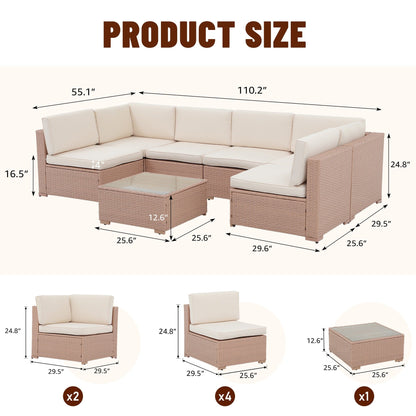 Ensemble de canapés d'angle d'extérieur 7 pièces en osier et acier avec coussins