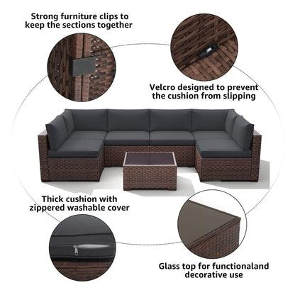 Ensemble de canapés d'angle d'extérieur 7 pièces en osier et acier avec coussins