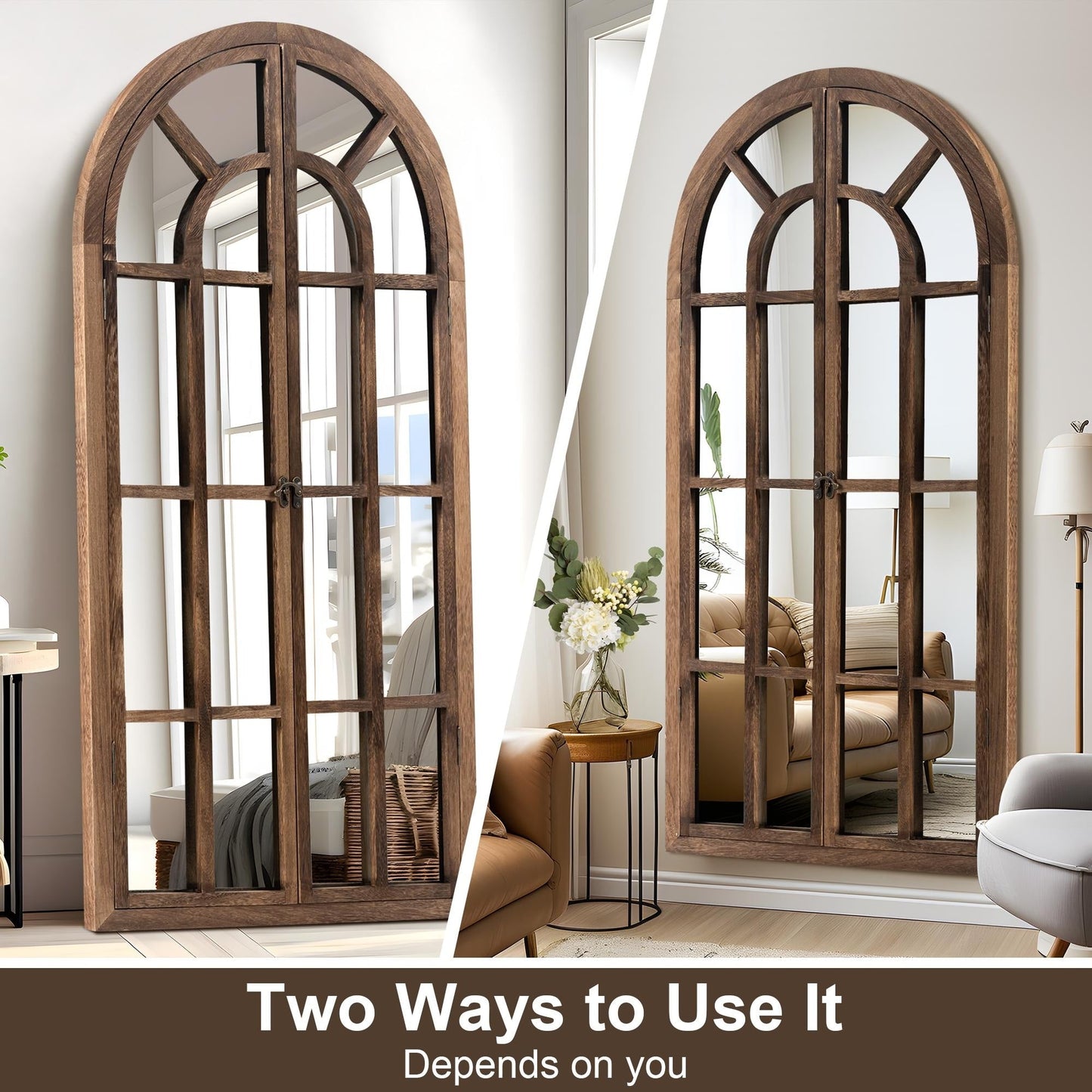 Miroir de fenêtre en bois arqué 180 cm L x 79 cm l