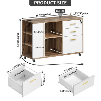 Classeur en bois avec station de recharge, classeur latéral mobile, verrouillable, compatible avec les formats A4, Lettre et Légal