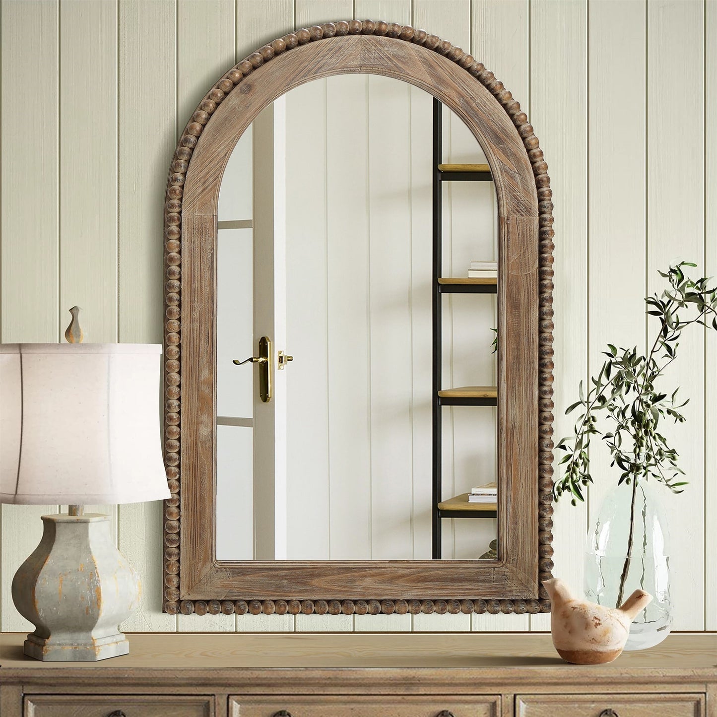 Miroir mural encadré en bois avec fenêtre cintrée, miroir de salle de bain - 39,25 po H x 25,87 po L x 1,5 po P
