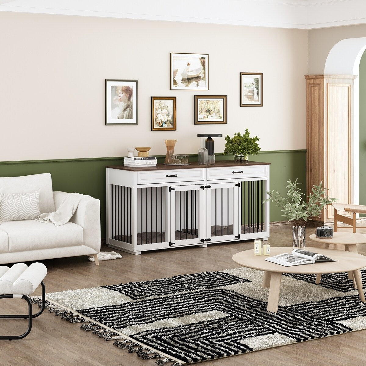 Cage double en bois pour chien avec 2 tiroirs et séparateur