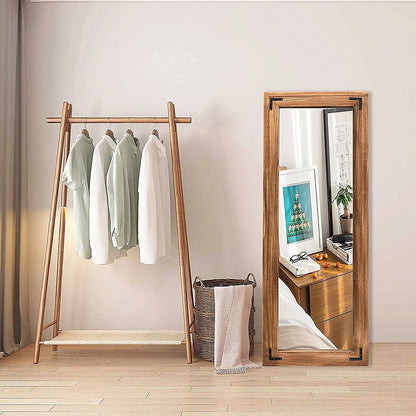 Miroir sur pied rustique encadré en bois, style ferme - 65 x 24