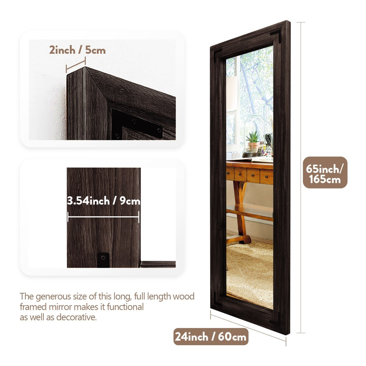 Miroir sur pied rustique encadré en bois, style ferme - 65 x 24