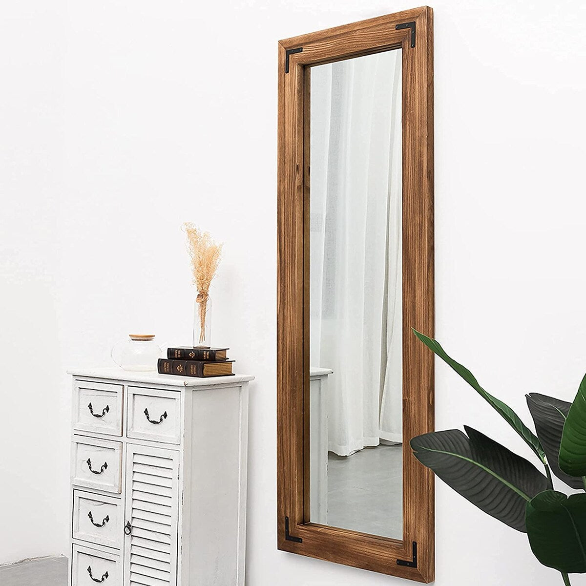Miroir sur pied rustique encadré en bois, style ferme - 65 x 24