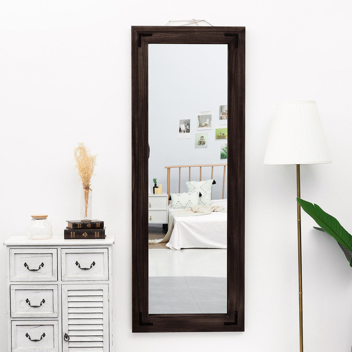 Miroir sur pied rustique encadré en bois, style ferme - 65 x 24