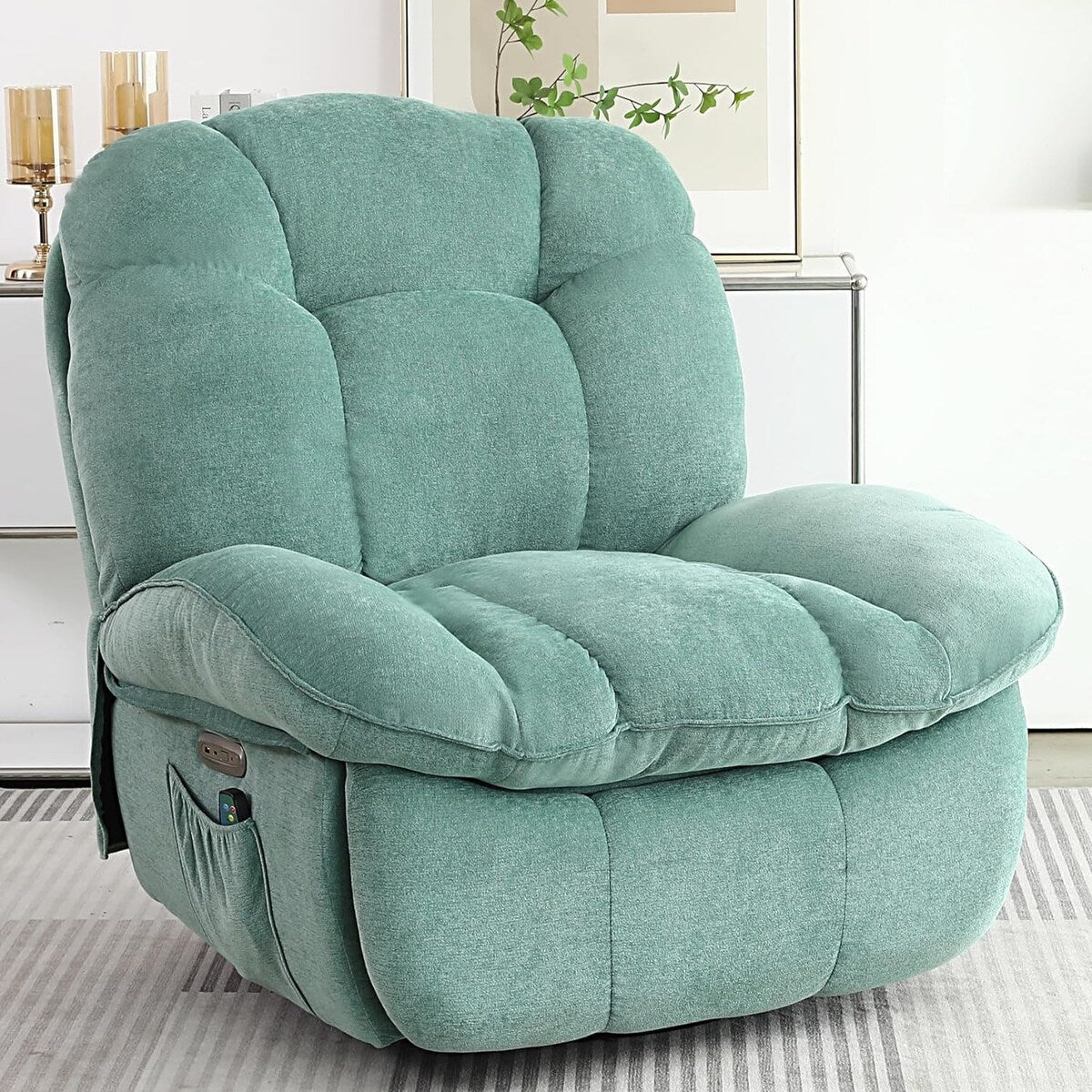 Fauteuil inclinable pivotant électrique XINMICS, fauteuil massant à bascule avec fonction chauffante, ports USB et USB-C et poche latérale