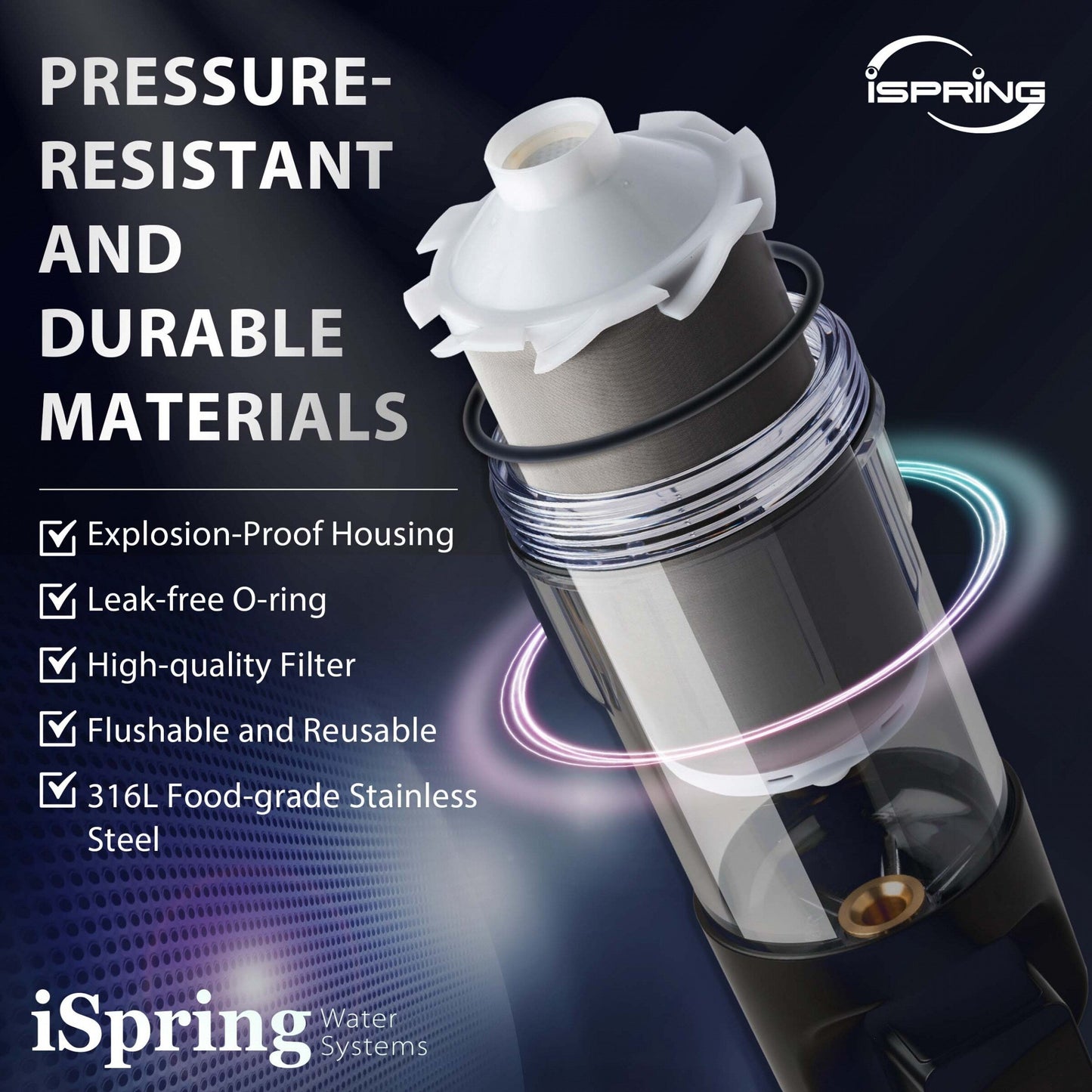 Filtre à eau à sédiments iSpring WSP100ARJ certifié NSF, format jumbo, réutilisable avec module de rinçage à écran tactile, 100 microns